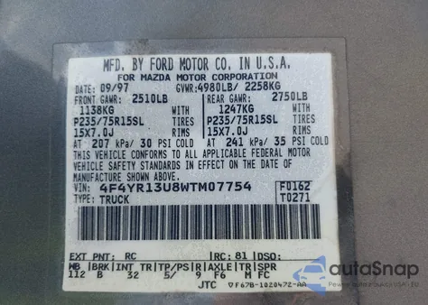 1998 Mazda B3000 Se/Sx из США, поврежденный, VIN 4F4YR13U8WTM07754